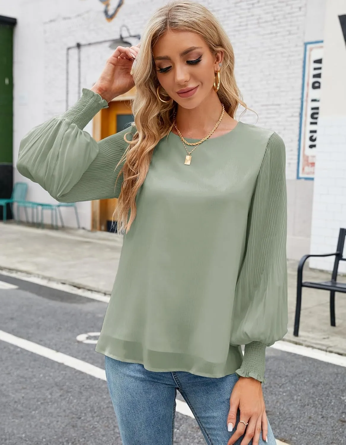 Aifer Womens Tops Dressy Casual Crew Neck Pleated Lantern Long Sleeve Work Shirts Chiffon Blouses Fashion 2025