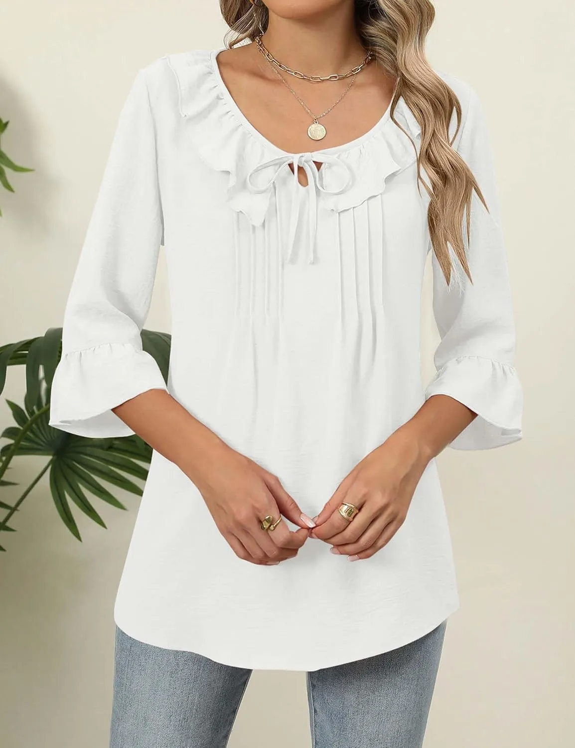 AKEWEI Womens 3/4 Length Sleeve Scoop Neck Tops Summer Tie Front Ruffle Shirts Casual Bell Sleeve Pleated Blouses Outfits