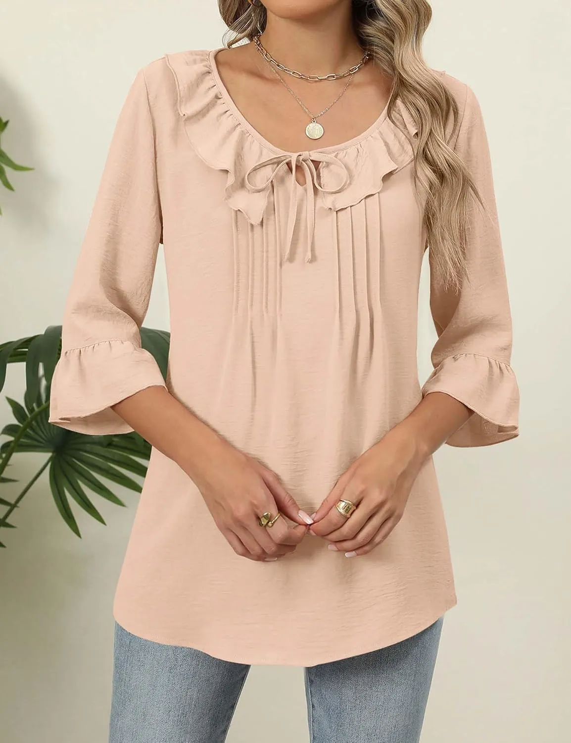 AKEWEI Womens 3/4 Length Sleeve Scoop Neck Tops Summer Tie Front Ruffle Shirts Casual Bell Sleeve Pleated Blouses Outfits