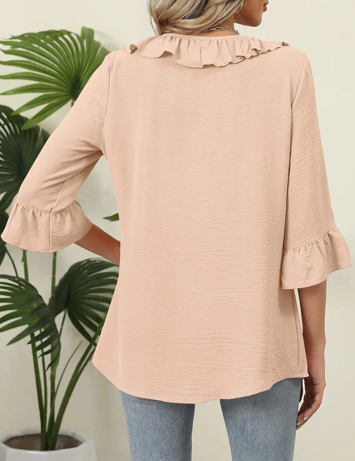 AKEWEI Womens 3/4 Length Sleeve Scoop Neck Tops Summer Tie Front Ruffle Shirts Casual Bell Sleeve Pleated Blouses Outfits