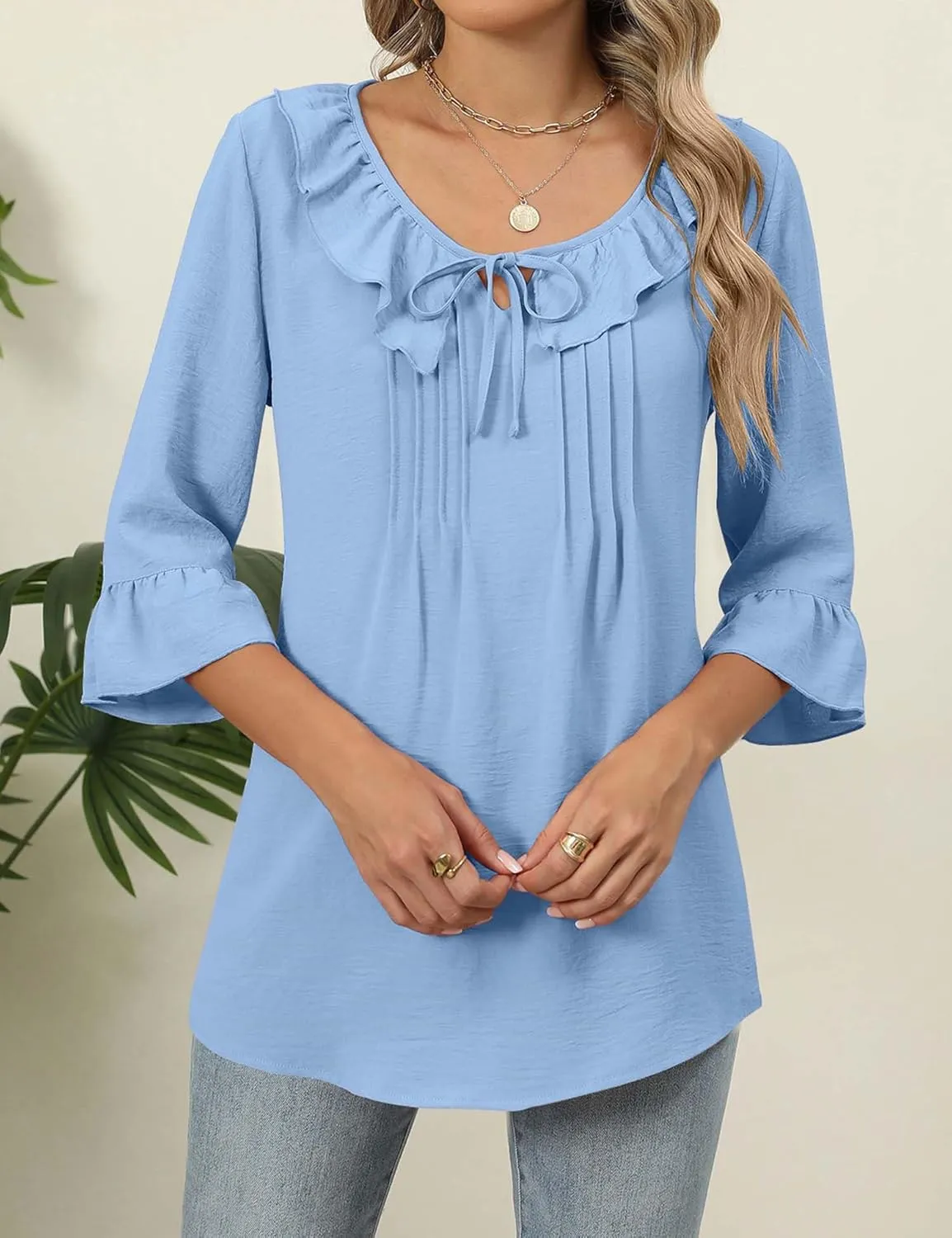 AKEWEI Womens 3/4 Length Sleeve Scoop Neck Tops Summer Tie Front Ruffle Shirts Casual Bell Sleeve Pleated Blouses Outfits