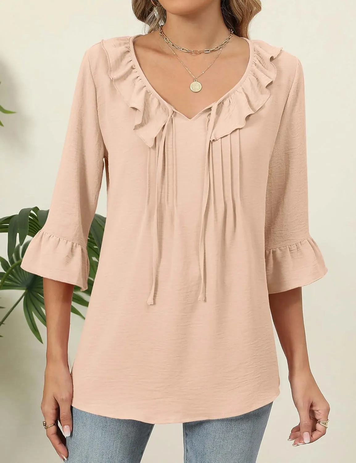 AKEWEI Womens 3/4 Length Sleeve Scoop Neck Tops Summer Tie Front Ruffle Shirts Casual Bell Sleeve Pleated Blouses Outfits