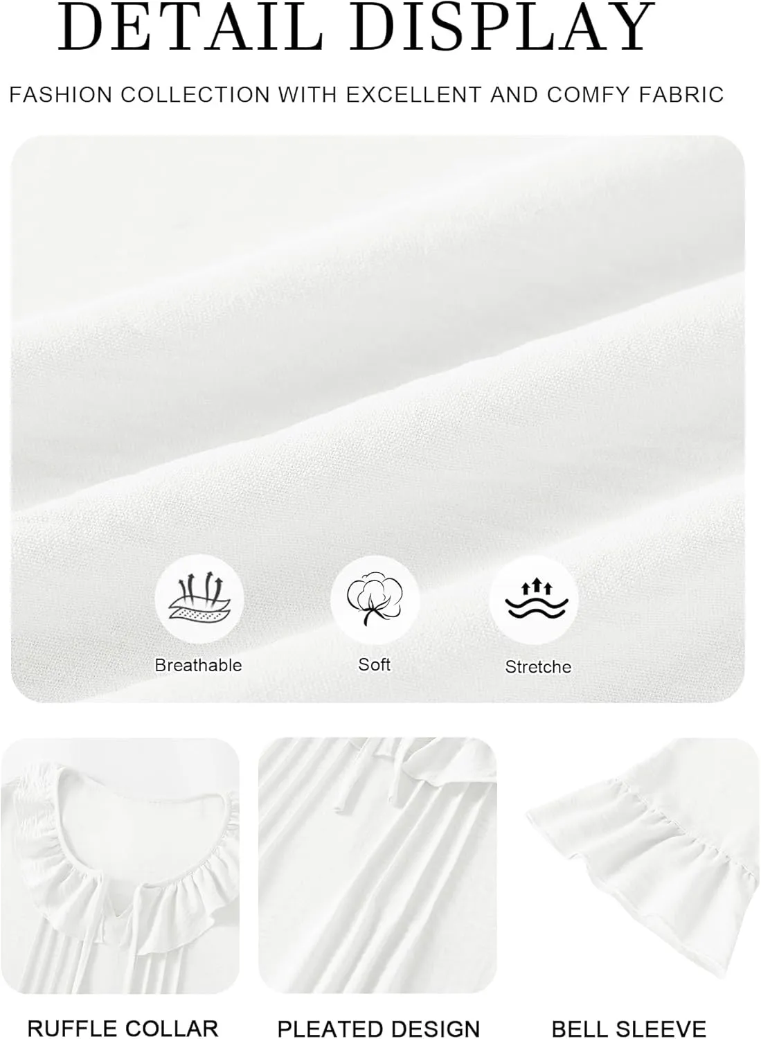 AKEWEI Womens 3/4 Length Sleeve Scoop Neck Tops Summer Tie Front Ruffle Shirts Casual Bell Sleeve Pleated Blouses Outfits