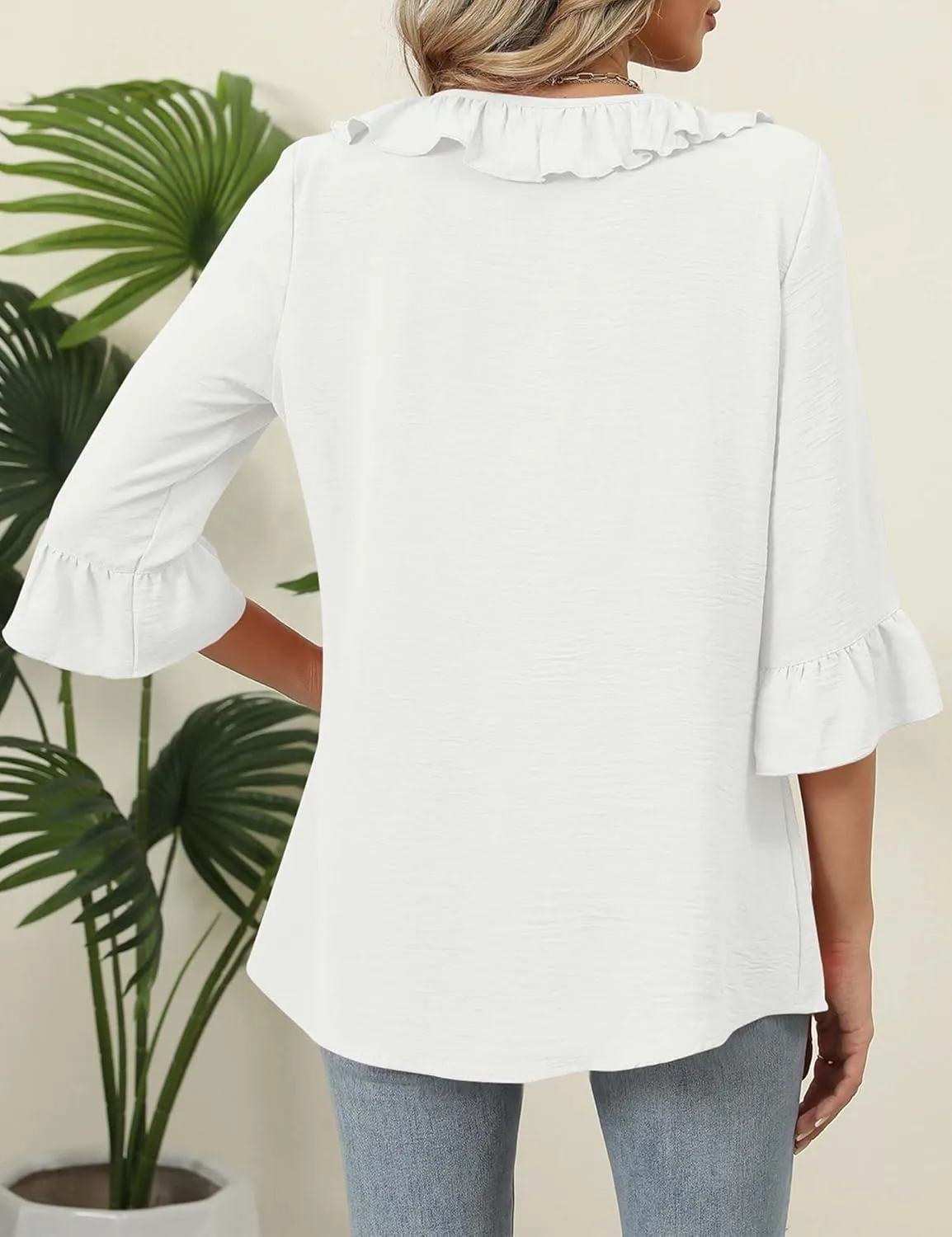 AKEWEI Womens 3/4 Length Sleeve Scoop Neck Tops Summer Tie Front Ruffle Shirts Casual Bell Sleeve Pleated Blouses Outfits