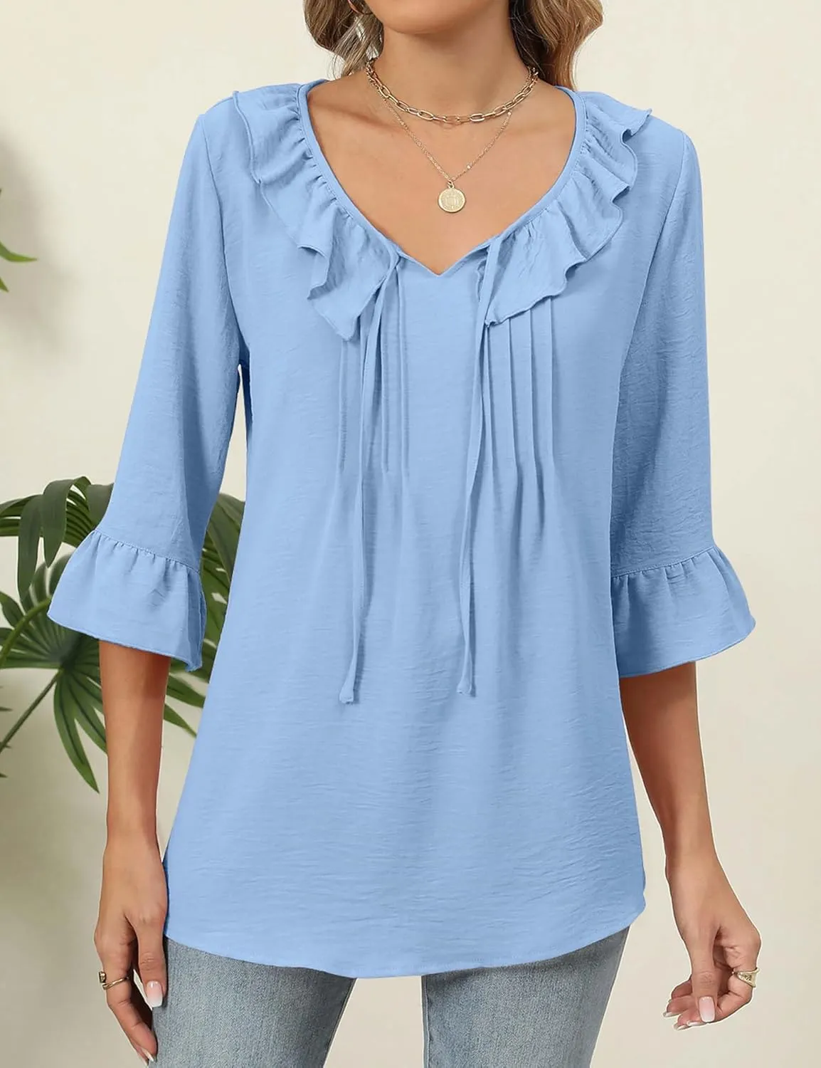 AKEWEI Womens 3/4 Length Sleeve Scoop Neck Tops Summer Tie Front Ruffle Shirts Casual Bell Sleeve Pleated Blouses Outfits