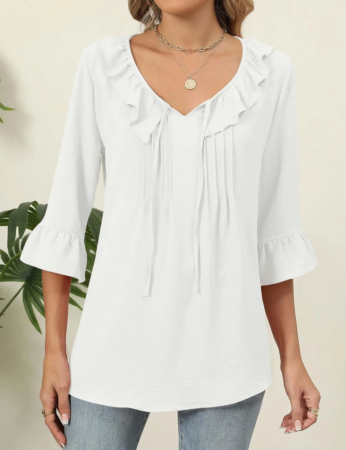 AKEWEI Womens 3/4 Length Sleeve Scoop Neck Tops Summer Tie Front Ruffle Shirts Casual Bell Sleeve Pleated Blouses Outfits