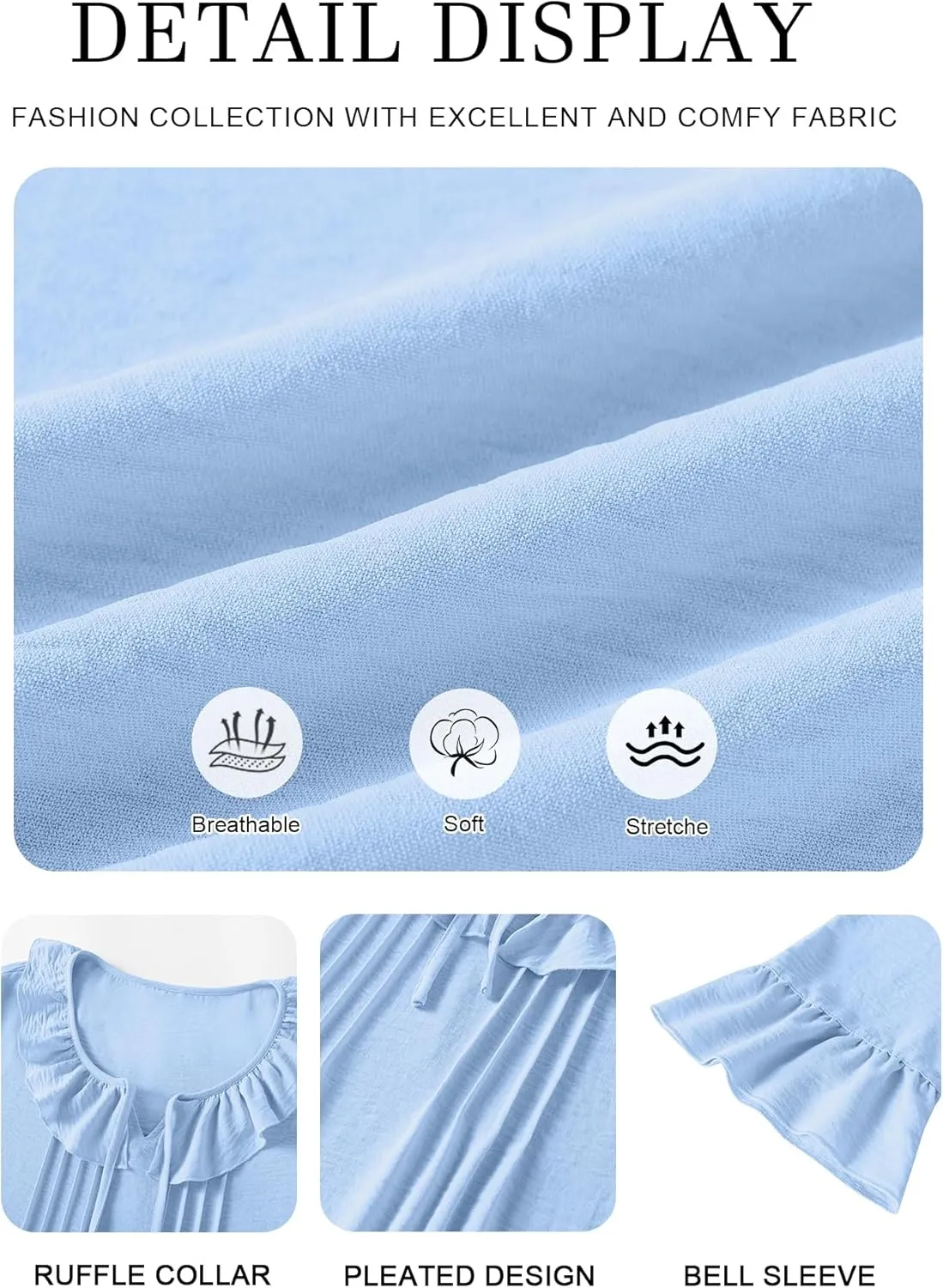 AKEWEI Womens 3/4 Length Sleeve Scoop Neck Tops Summer Tie Front Ruffle Shirts Casual Bell Sleeve Pleated Blouses Outfits