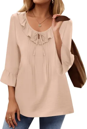 AKEWEI Womens 3/4 Length Sleeve Scoop Neck Tops Summer Tie Front Ruffle Shirts Casual Bell Sleeve Pleated Blouses Outfits