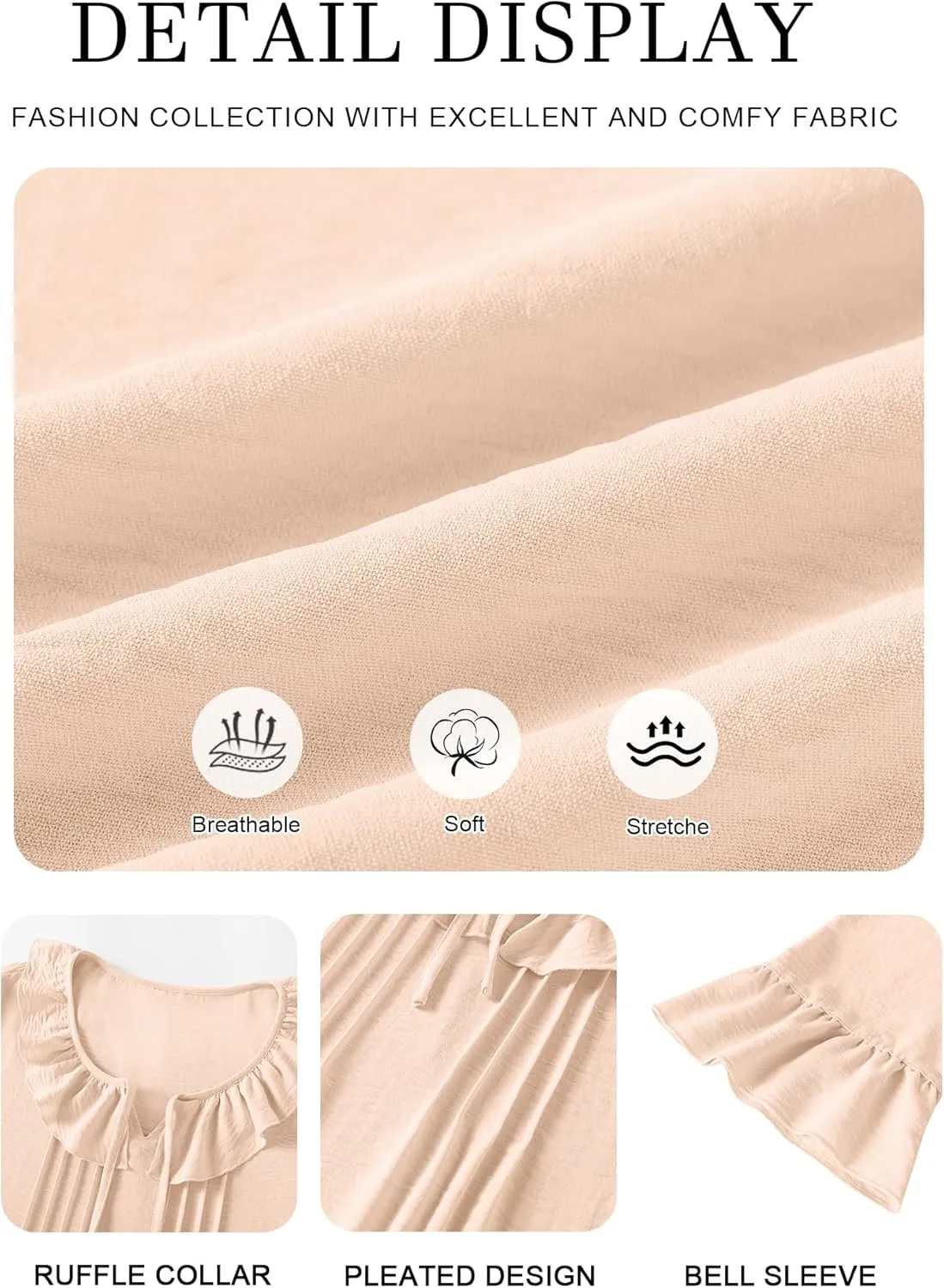 AKEWEI Womens 3/4 Length Sleeve Scoop Neck Tops Summer Tie Front Ruffle Shirts Casual Bell Sleeve Pleated Blouses Outfits