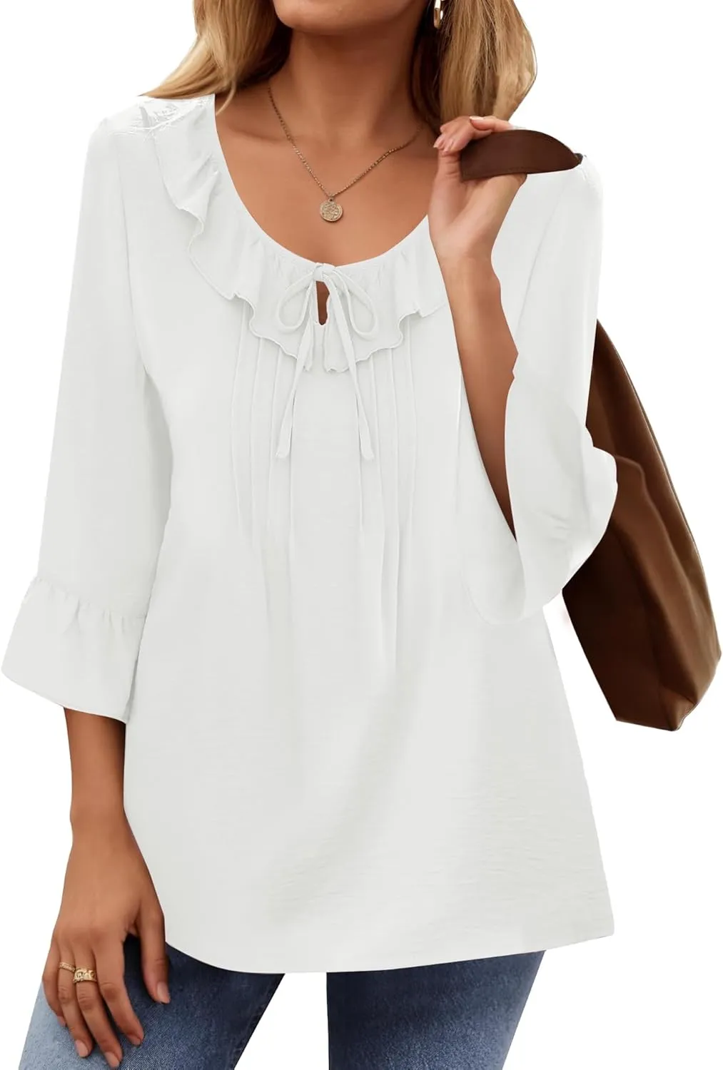 AKEWEI Womens 3/4 Length Sleeve Scoop Neck Tops Summer Tie Front Ruffle Shirts Casual Bell Sleeve Pleated Blouses Outfits