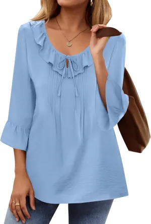 AKEWEI Womens 3/4 Length Sleeve Scoop Neck Tops Summer Tie Front Ruffle Shirts Casual Bell Sleeve Pleated Blouses Outfits