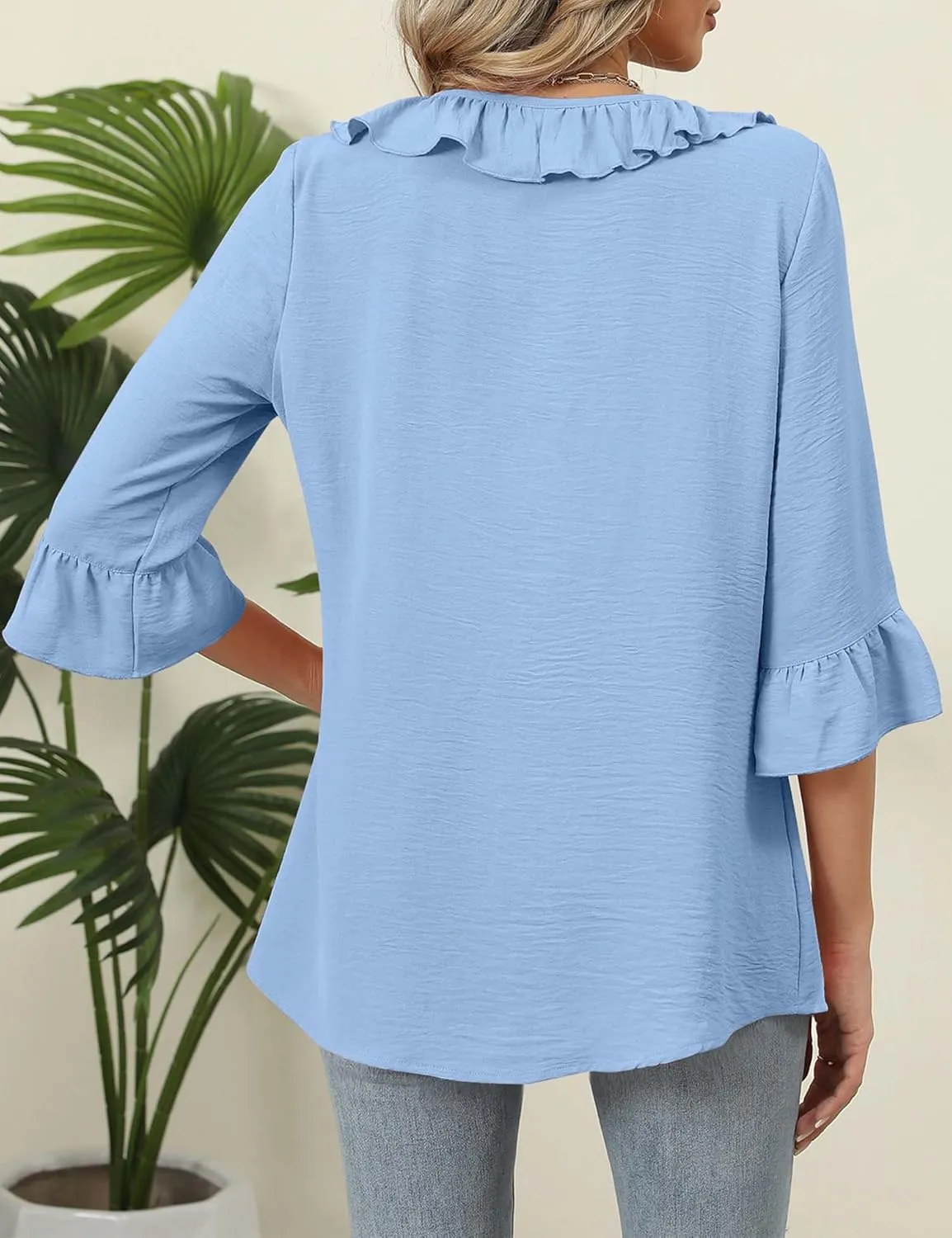AKEWEI Womens 3/4 Length Sleeve Scoop Neck Tops Summer Tie Front Ruffle Shirts Casual Bell Sleeve Pleated Blouses Outfits