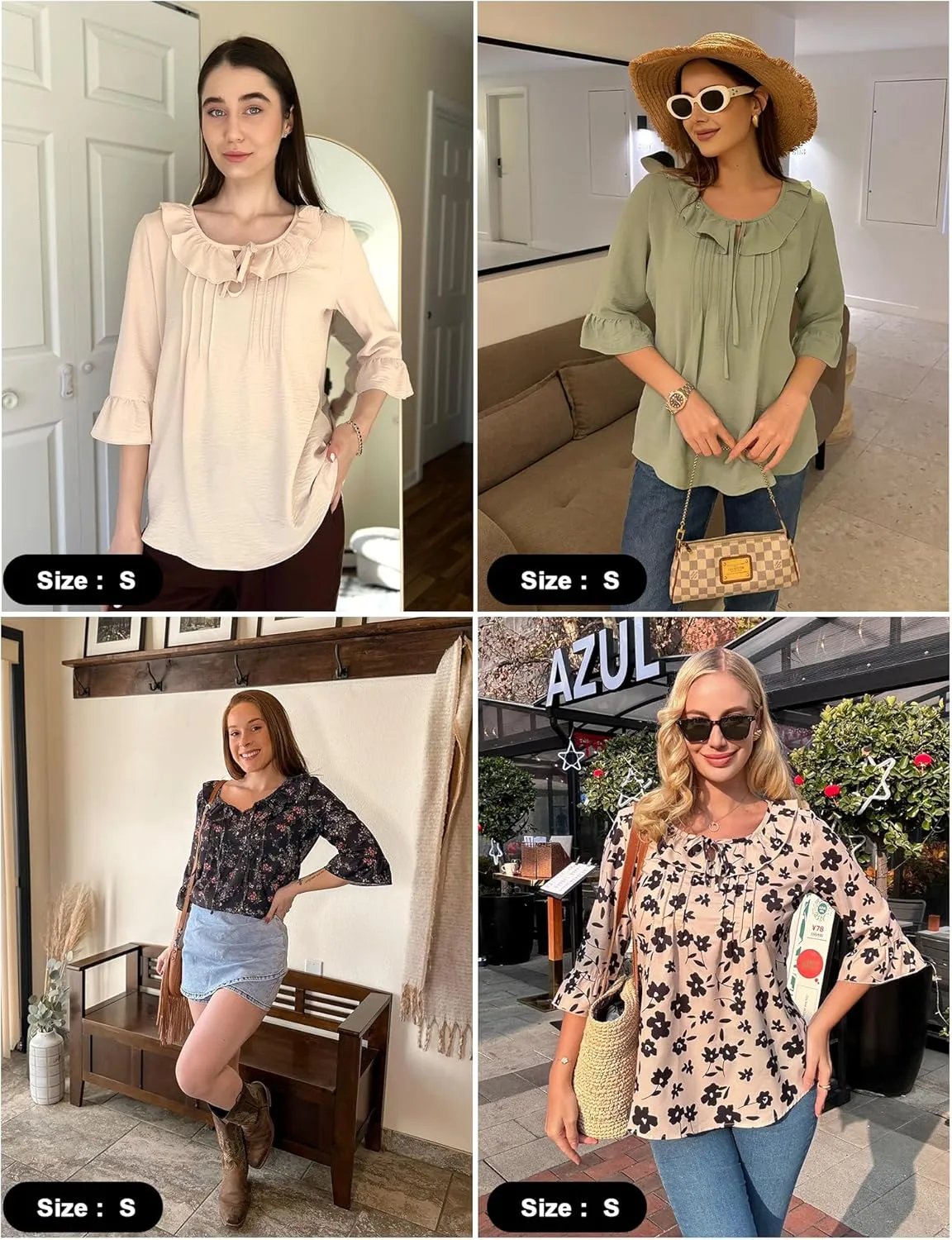 AKEWEI Womens 3/4 Length Sleeve Scoop Neck Tops Summer Tie Front Ruffle Shirts Casual Bell Sleeve Pleated Blouses Outfits