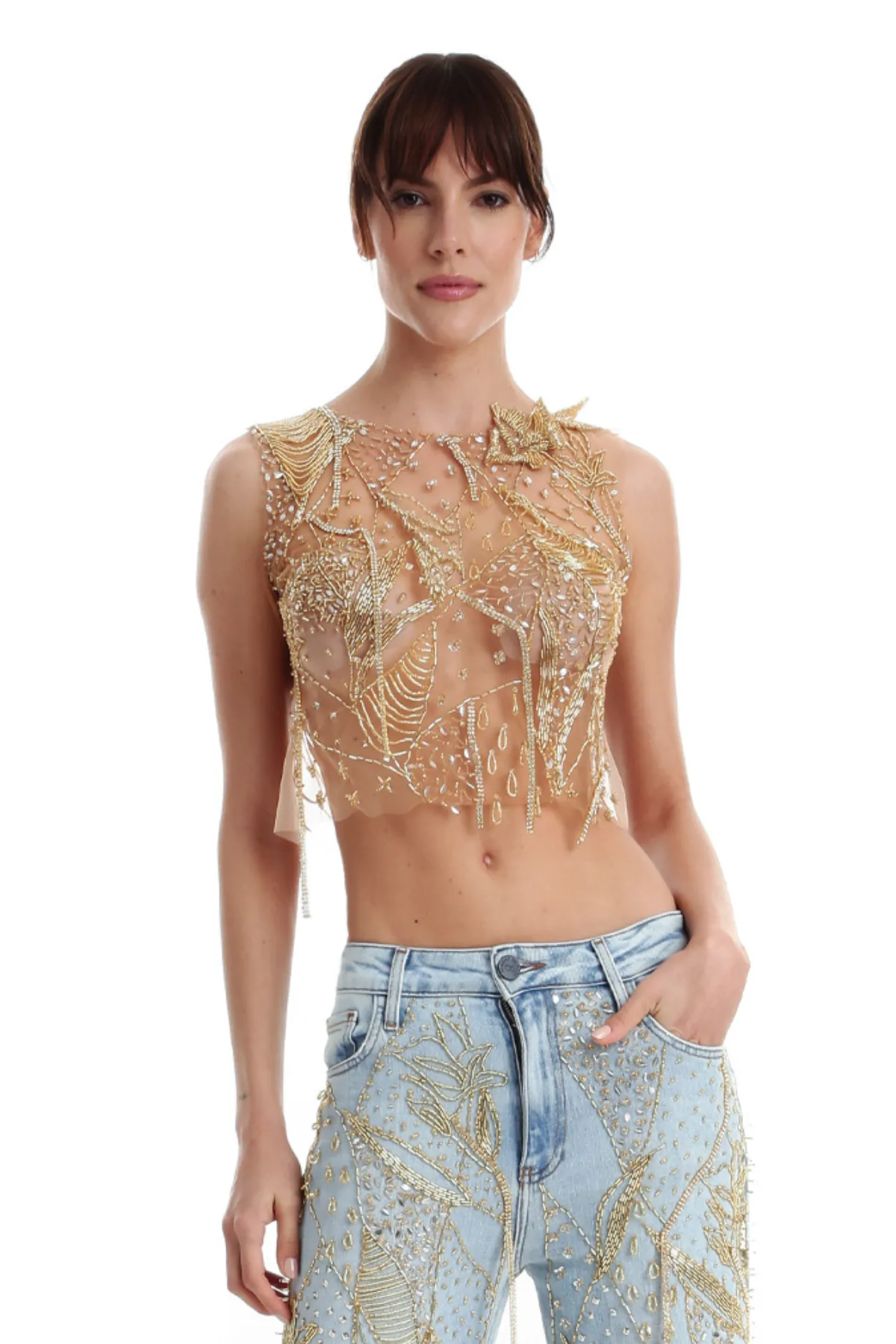 Blusa Cropped com Bordado de Flores