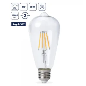 Bombillo Filamento LED ST64 E27, 4W, 2700K Luz Cálida, 450 Lm, 300°, 64X140mm. Estilo Pebetero. Decorativa. Foco