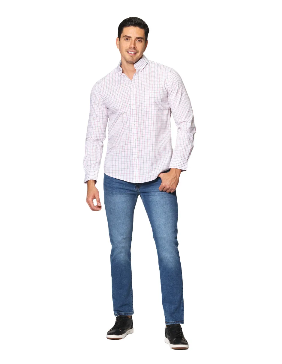 Camisas Para Hombre De Manga Larga Con Estampado De Cuadros Dos Tonos Cuello Americano Regular Fit B41218 Rojo