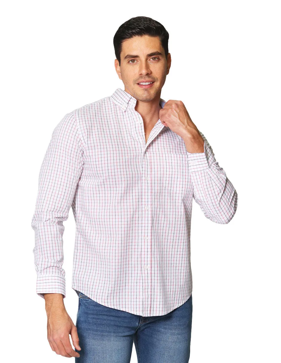 Camisas Para Hombre De Manga Larga Con Estampado De Cuadros Dos Tonos Cuello Americano Regular Fit B41218 Rojo
