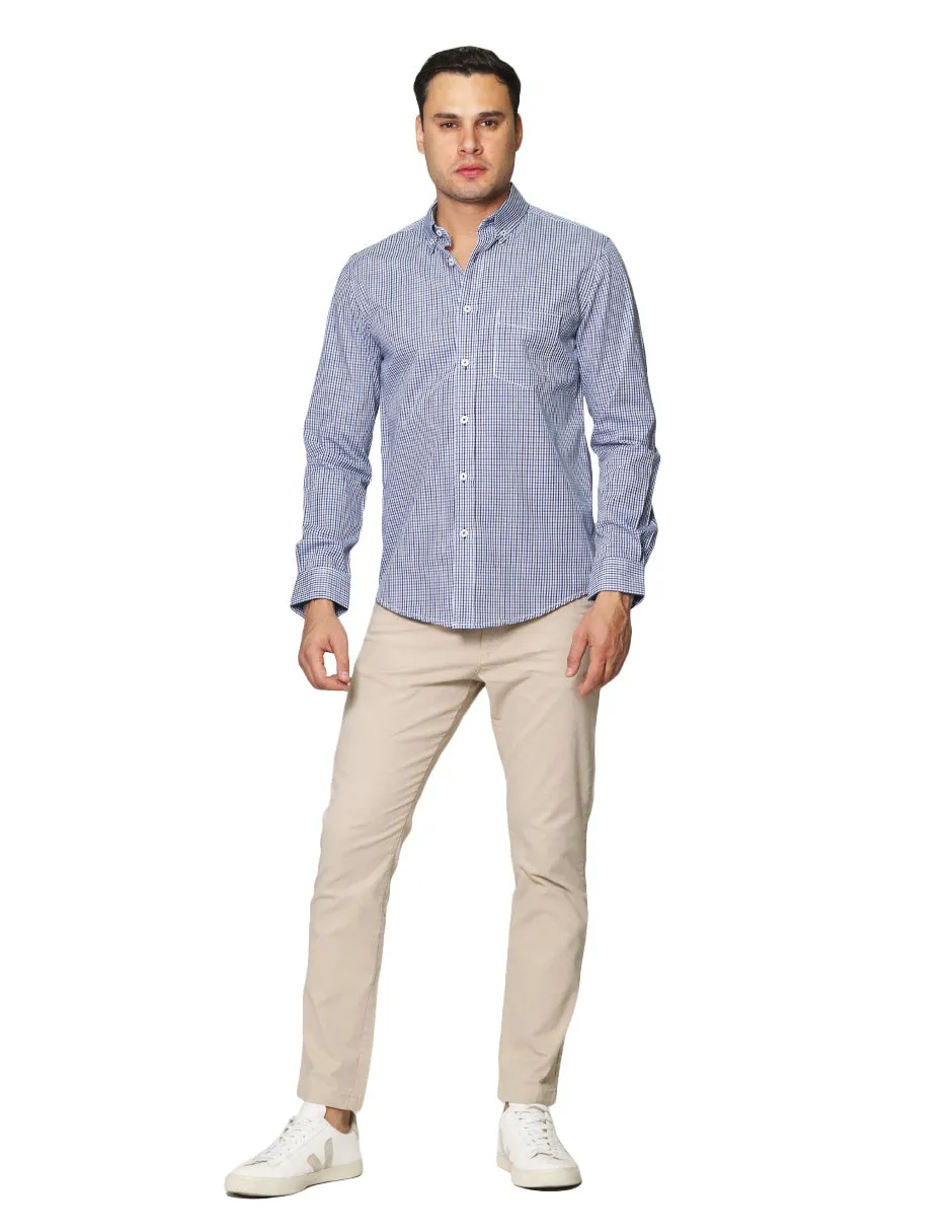 Camisas Para Hombre De Manga Larga Cuello Americano Con Estampado De Cuadros Regular Fit B41216 Azul
