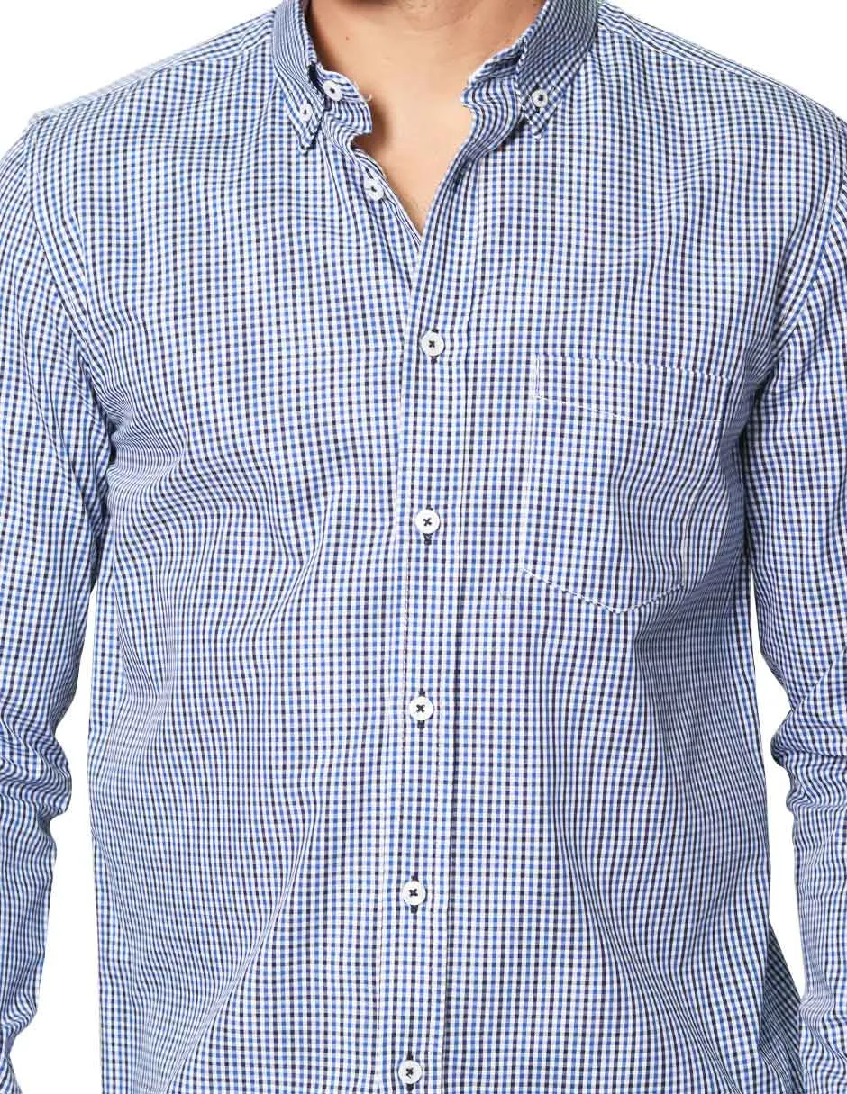 Camisas Para Hombre De Manga Larga Cuello Americano Con Estampado De Cuadros Regular Fit B41216 Azul