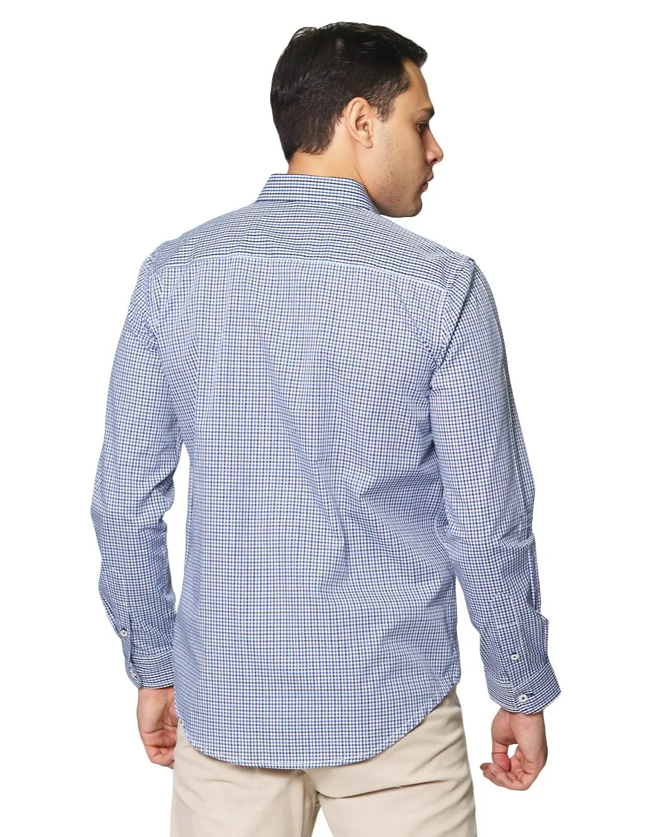 Camisas Para Hombre De Manga Larga Cuello Americano Con Estampado De Cuadros Regular Fit B41216 Azul