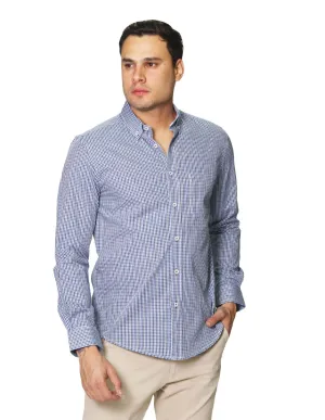 Camisas Para Hombre De Manga Larga Cuello Americano Con Estampado De Cuadros Regular Fit B41216 Azul