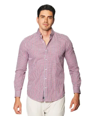 Camisas Para Hombre De Manga Larga Cuello Americano Con Estampado De Cuadros Regular Fit B41216 Rojo