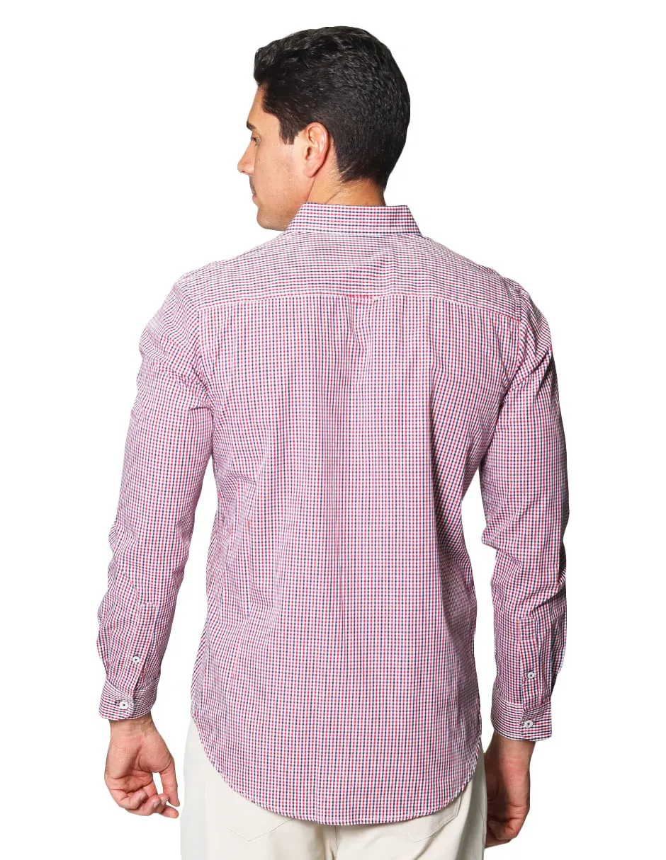 Camisas Para Hombre De Manga Larga Cuello Americano Con Estampado De Cuadros Regular Fit B41216 Rojo