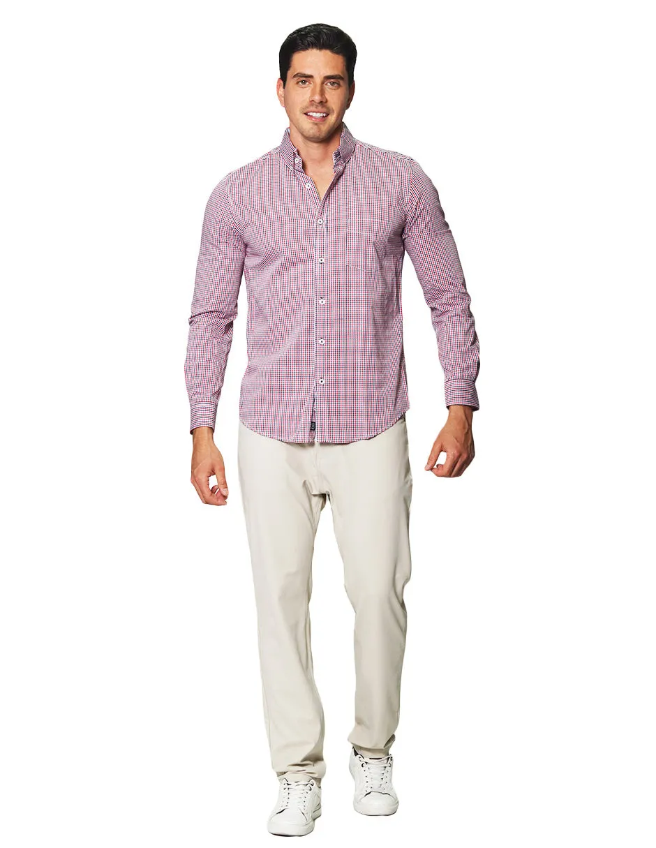 Camisas Para Hombre De Manga Larga Cuello Americano Con Estampado De Cuadros Regular Fit B41216 Rojo