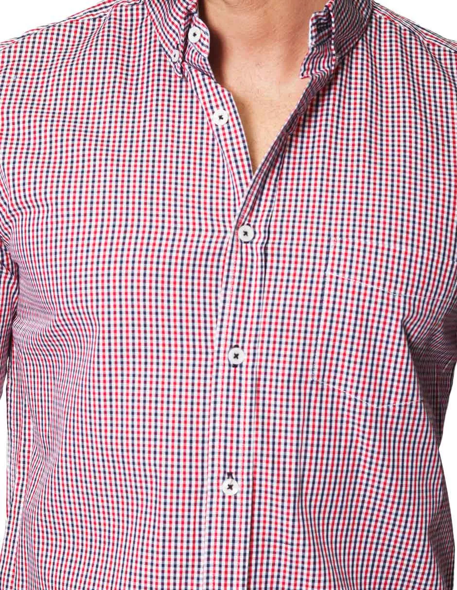Camisas Para Hombre De Manga Larga Cuello Americano Con Estampado De Cuadros Regular Fit B41216 Rojo