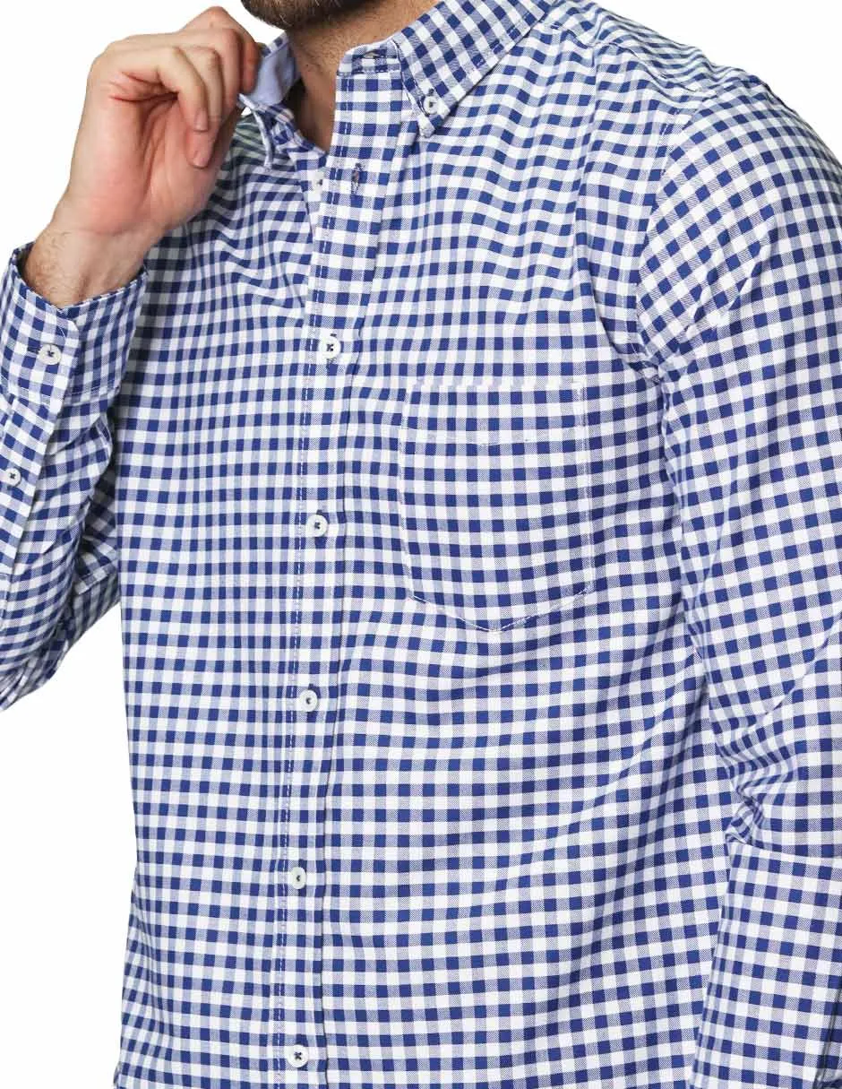 Camisas Para Hombre De Manga Larga Cuello Americano Con Estampado De Cuadros Slim Fit B41115 Azul