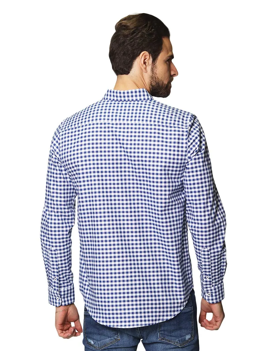 Camisas Para Hombre De Manga Larga Cuello Americano Con Estampado De Cuadros Slim Fit B41115 Azul