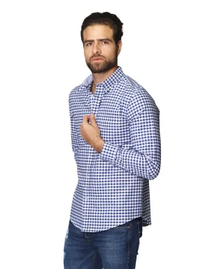 Camisas Para Hombre De Manga Larga Cuello Americano Con Estampado De Cuadros Slim Fit B41115 Azul