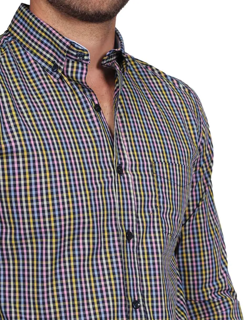 Camisas Para Hombre Manga Larga Cuadros Regular Fit Rosa B21207