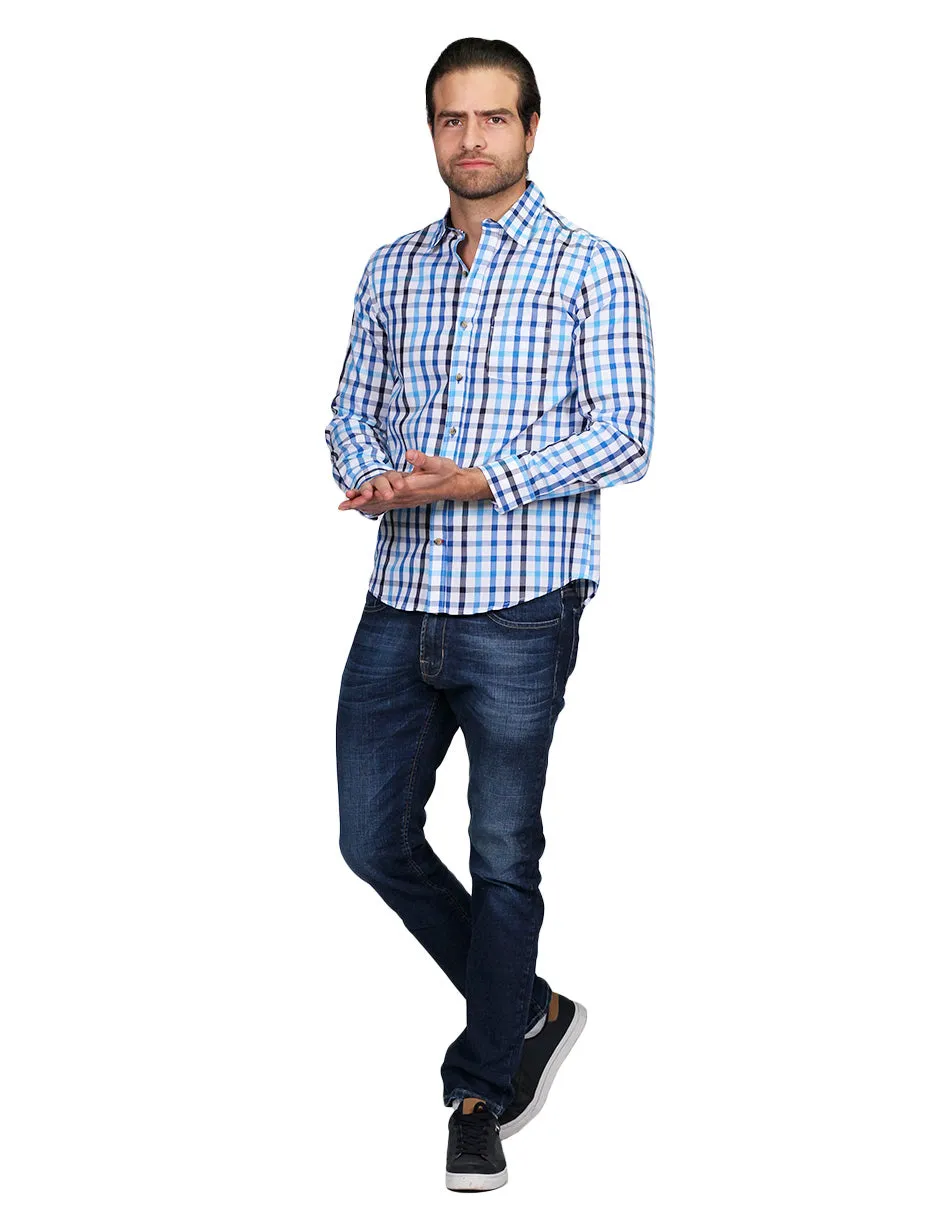 Camisas Para Hombre Manga Larga Cuadros Silm Fit Blanco B21108