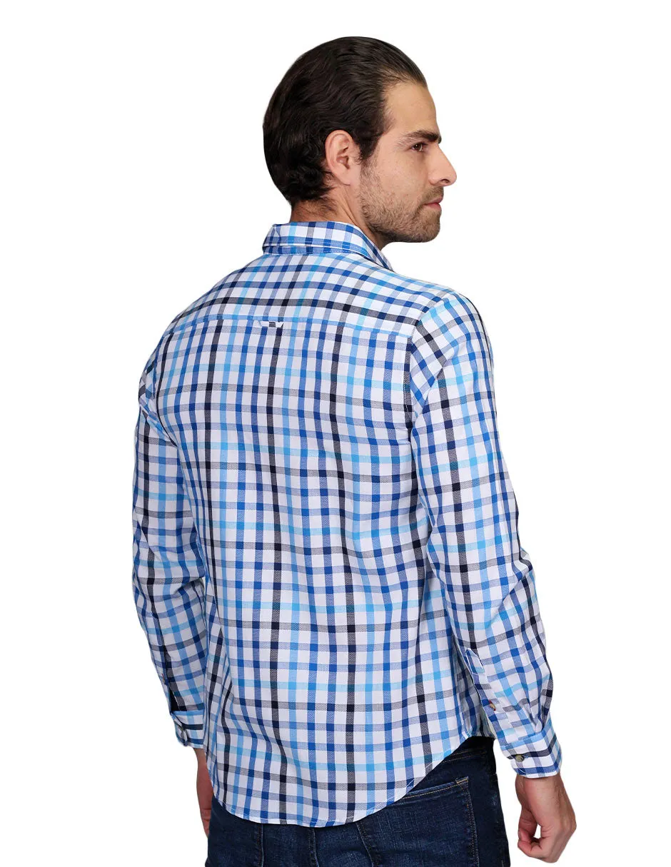 Camisas Para Hombre Manga Larga Cuadros Silm Fit Blanco B21108