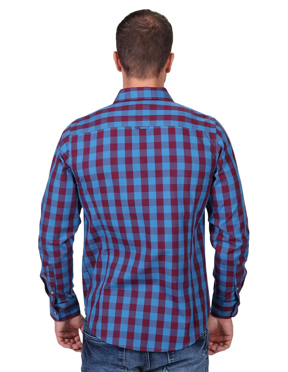 Camisas Para Hombre Manga Larga Cuadros Slim Fit Vino B25106