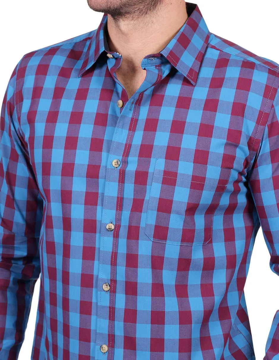 Camisas Para Hombre Manga Larga Cuadros Slim Fit Vino B25106