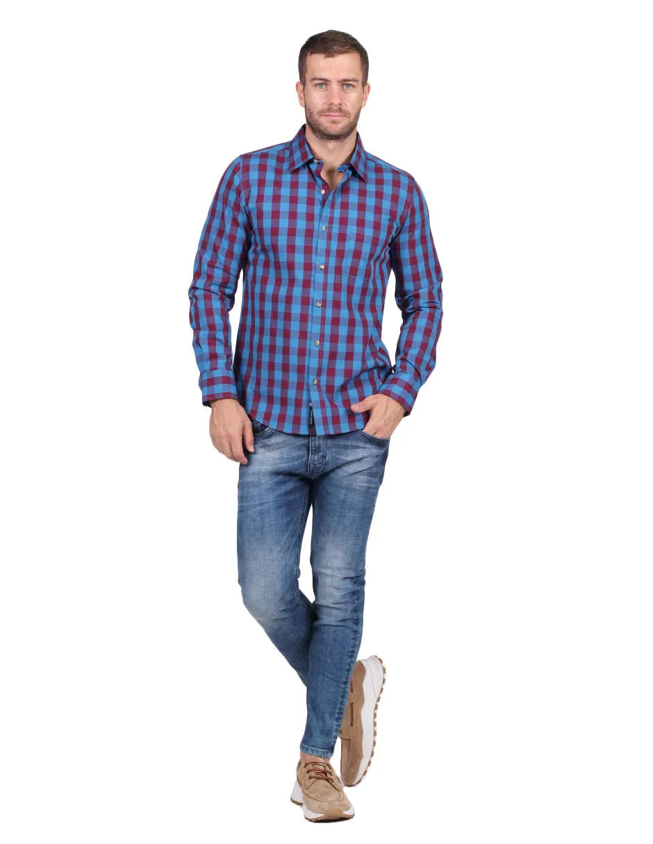 Camisas Para Hombre Manga Larga Cuadros Slim Fit Vino B25106