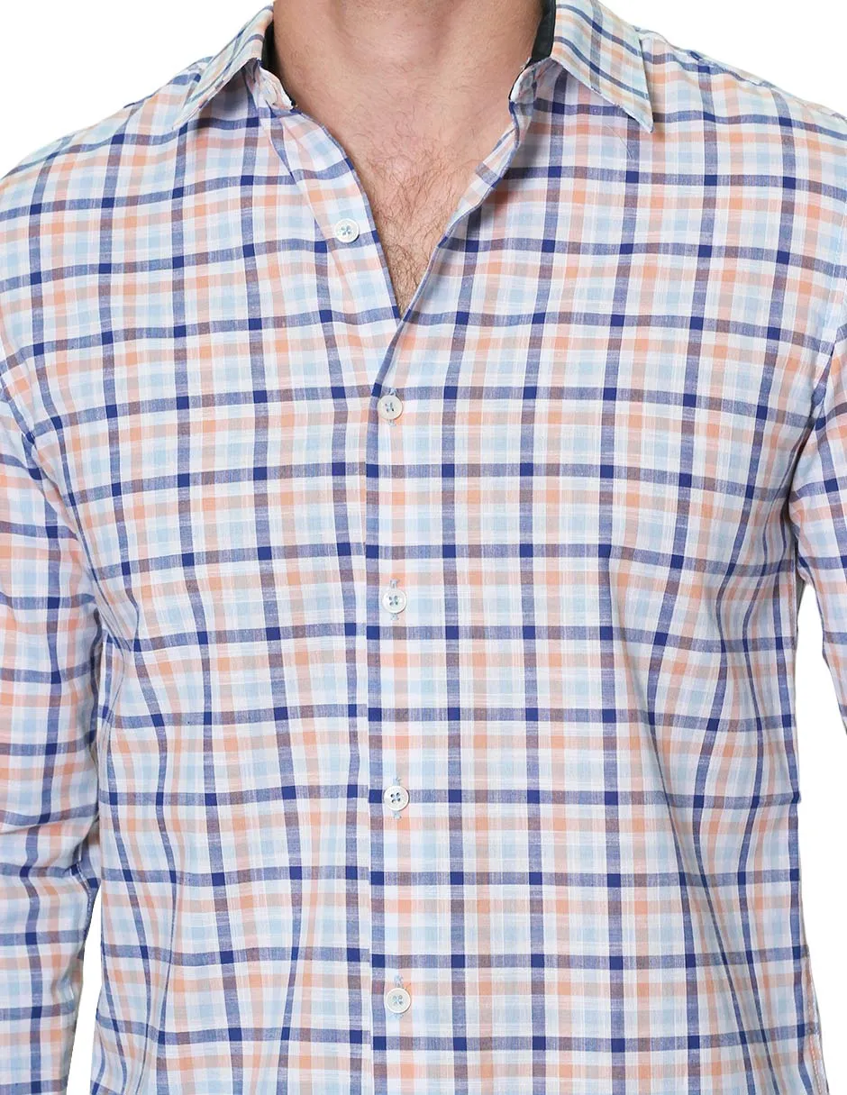 Camisas Para Hombre Manga Larga Cuadros Tipo Lino Slim Fit B31304 Melon