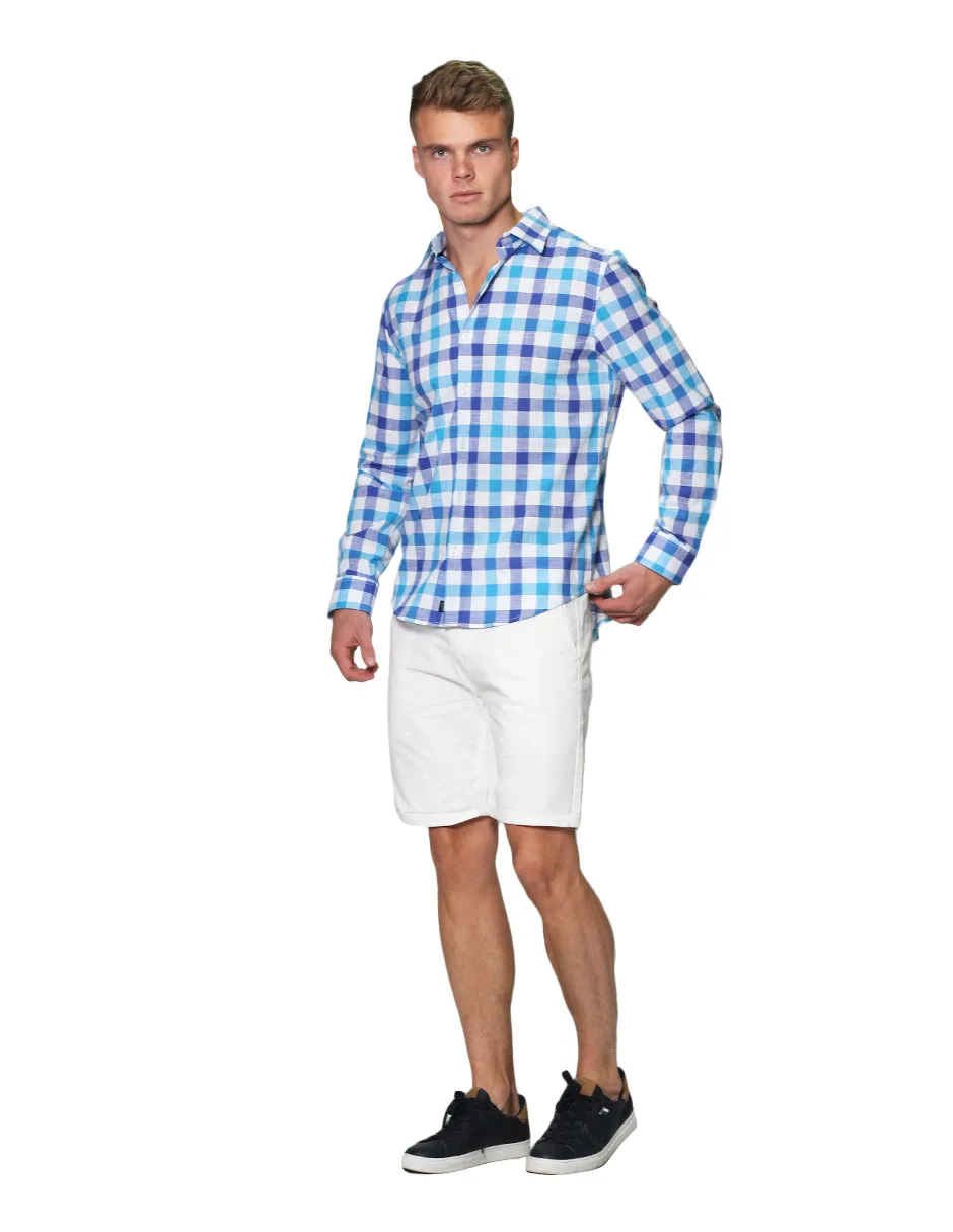 Camisas Para Hombre Manga Larga Cuadros Tipo Lino Slim Fit B31305 Azul