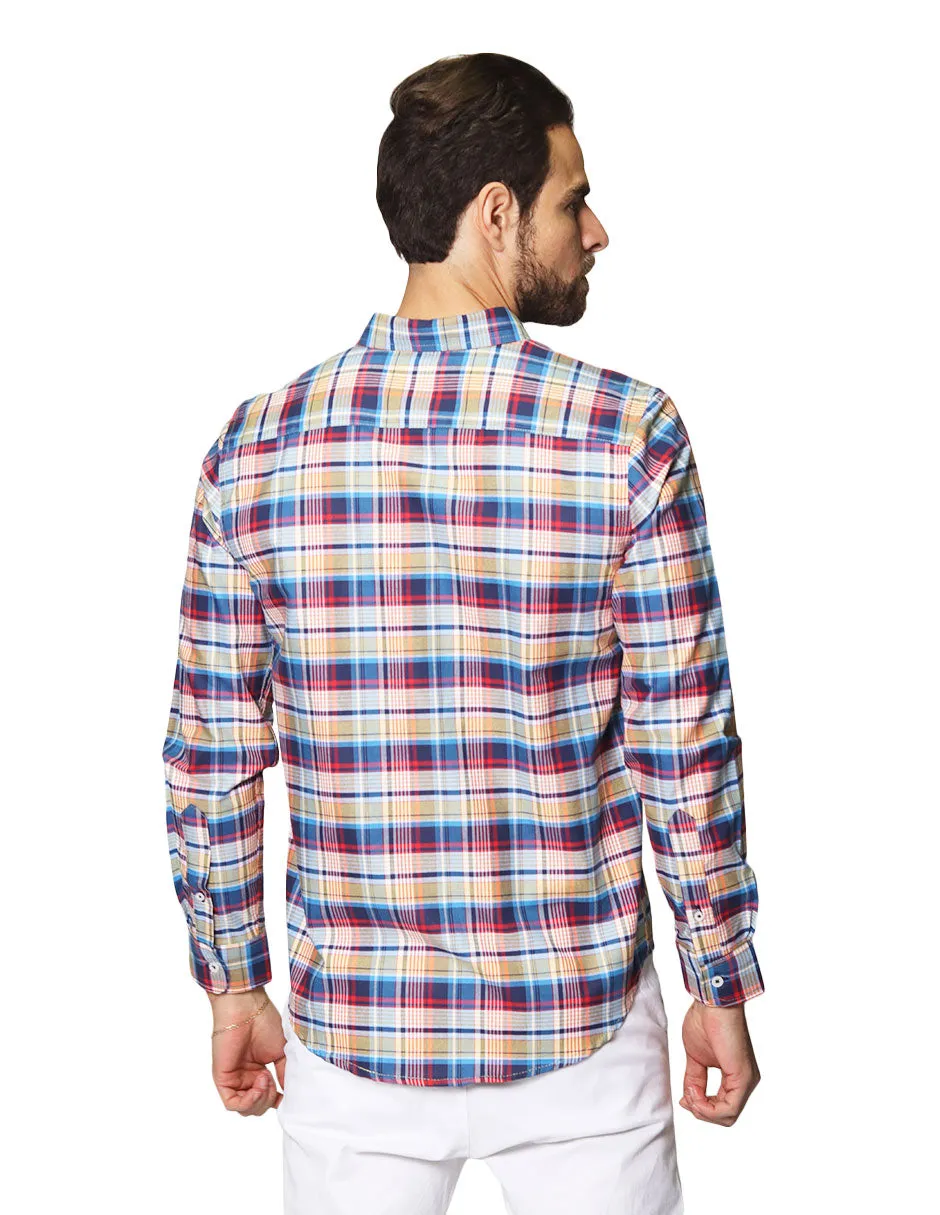 Camisas Para Hombre Oxford De Manga Larga Cuello Americano Con Estampado De Cuadros Regular Fit B41117 Azul
