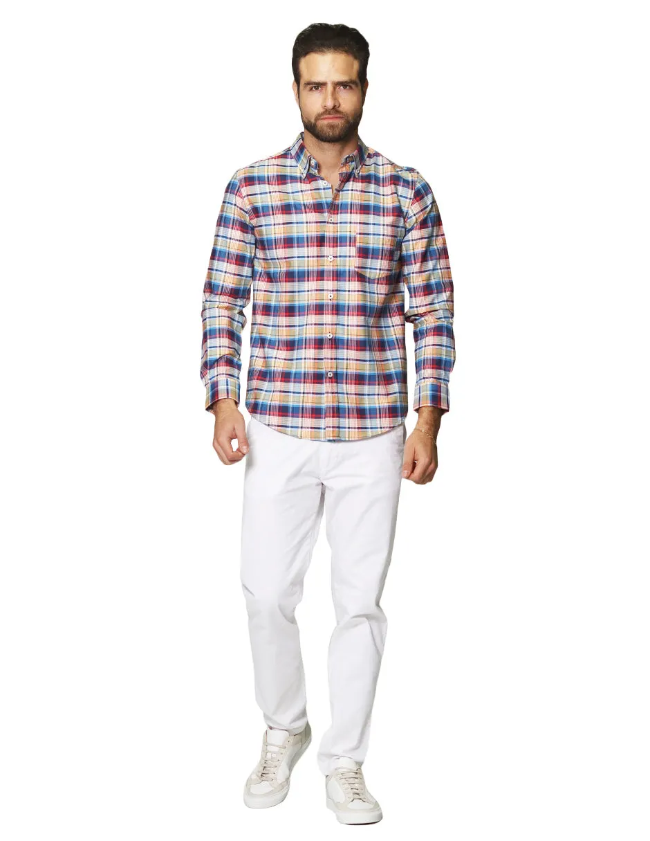 Camisas Para Hombre Oxford De Manga Larga Cuello Americano Con Estampado De Cuadros Regular Fit B41117 Azul