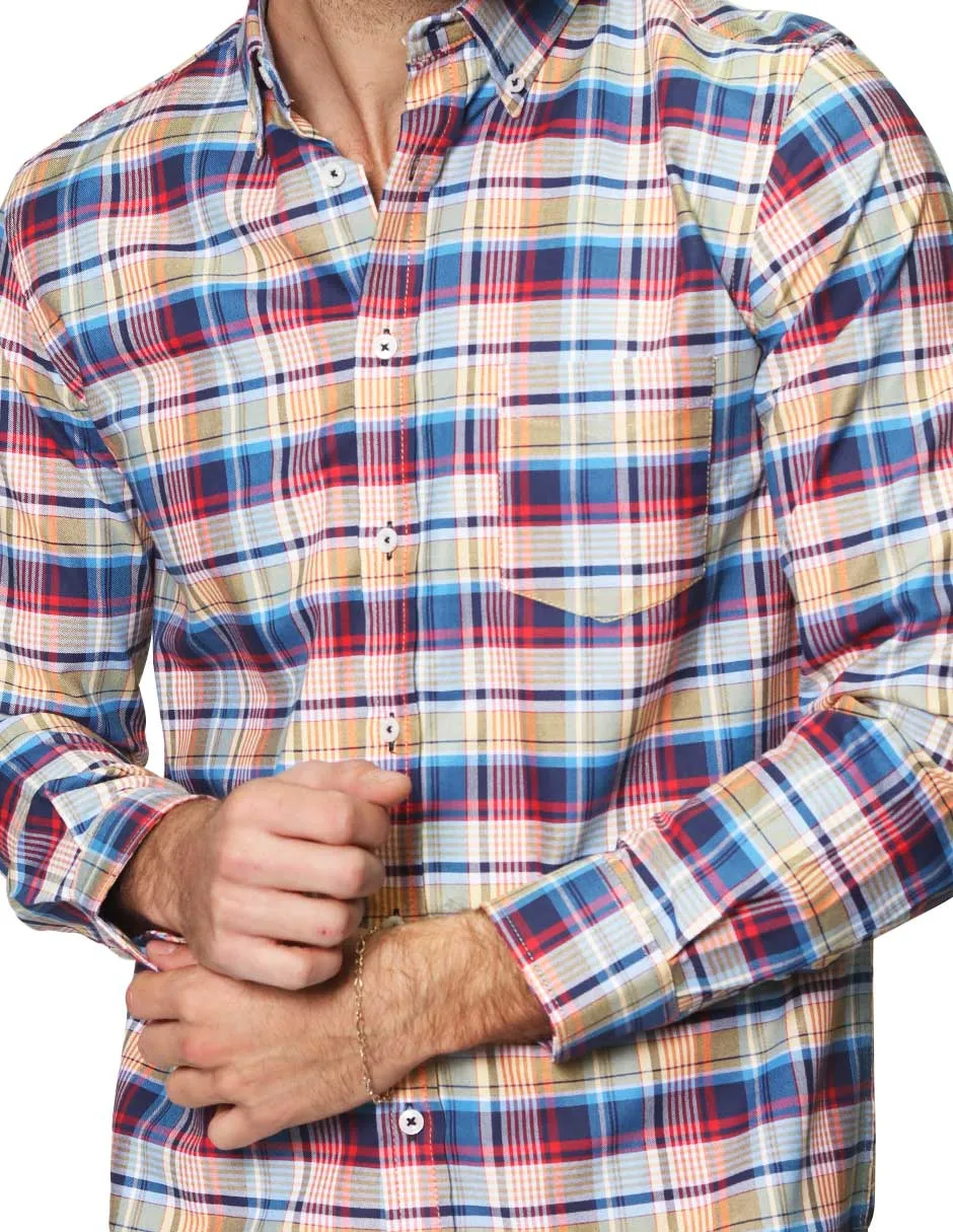 Camisas Para Hombre Oxford De Manga Larga Cuello Americano Con Estampado De Cuadros Regular Fit B41117 Azul