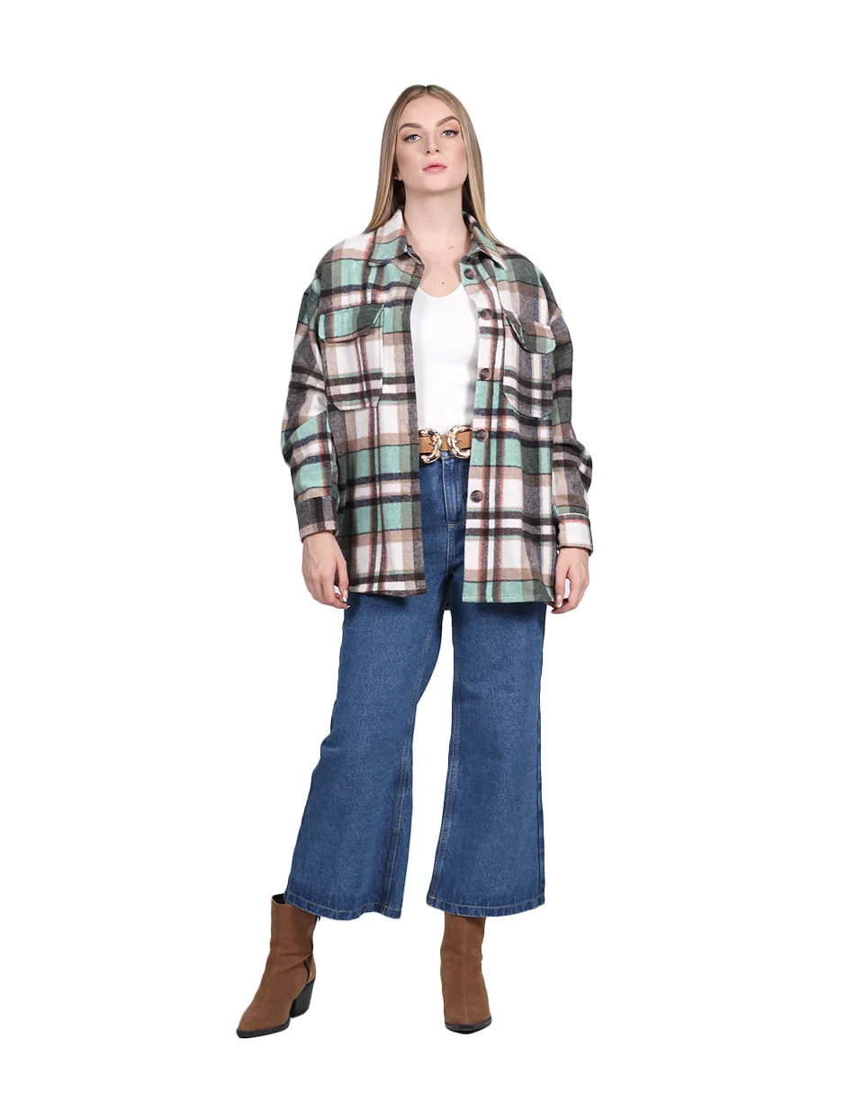 Chamarras Para Mujer Chaqueta Oversize Manga Larga Con Estampado de Cuadros Con Bolsas Q23104 Verde