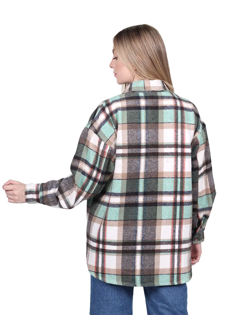 Chamarras Para Mujer Chaqueta Oversize Manga Larga Con Estampado de Cuadros Con Bolsas Q23104 Verde