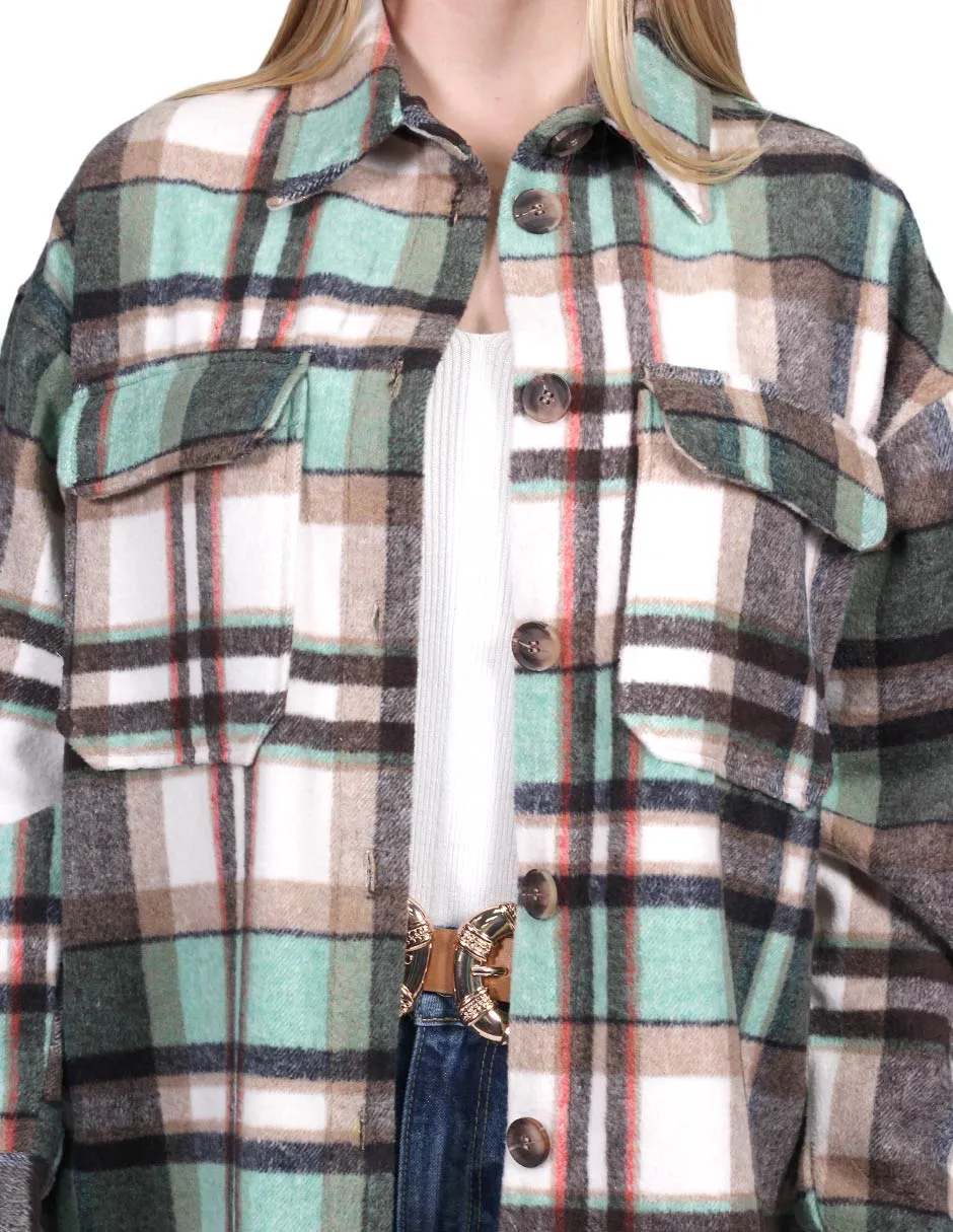 Chamarras Para Mujer Chaqueta Oversize Manga Larga Con Estampado de Cuadros Con Bolsas Q23104 Verde