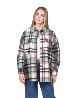 Chamarras Para Mujer Chaqueta Oversize Manga Larga Con Estampado de Cuadros Con Bolsas Q23104 Verde