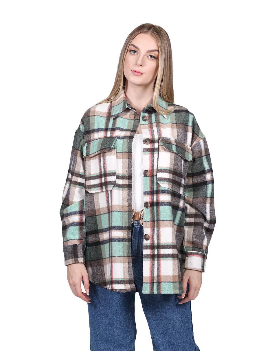 Chamarras Para Mujer Chaqueta Oversize Manga Larga Con Estampado de Cuadros Con Bolsas Q23104 Verde