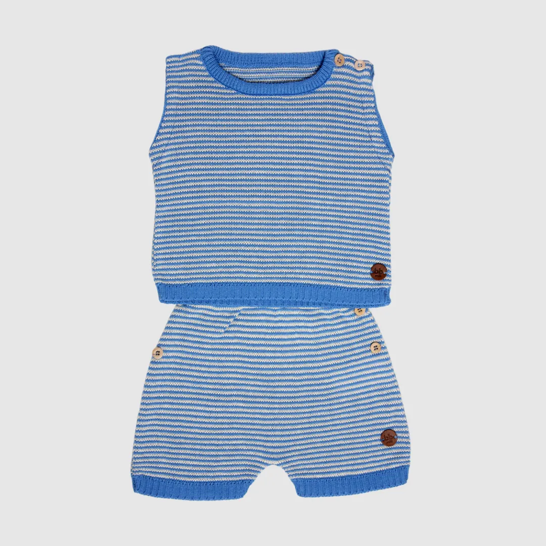 Conjunto em Tricot Comfort - Listrado Azul e Branco Unissex, Bebê e Infantil