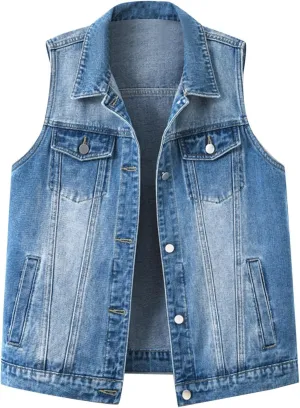 Denim Jacket for Women Plus Size Fashion 2024 Sleeveless Jean Vest Trendy Casual V Neck Button Down Jean Jacket Coat